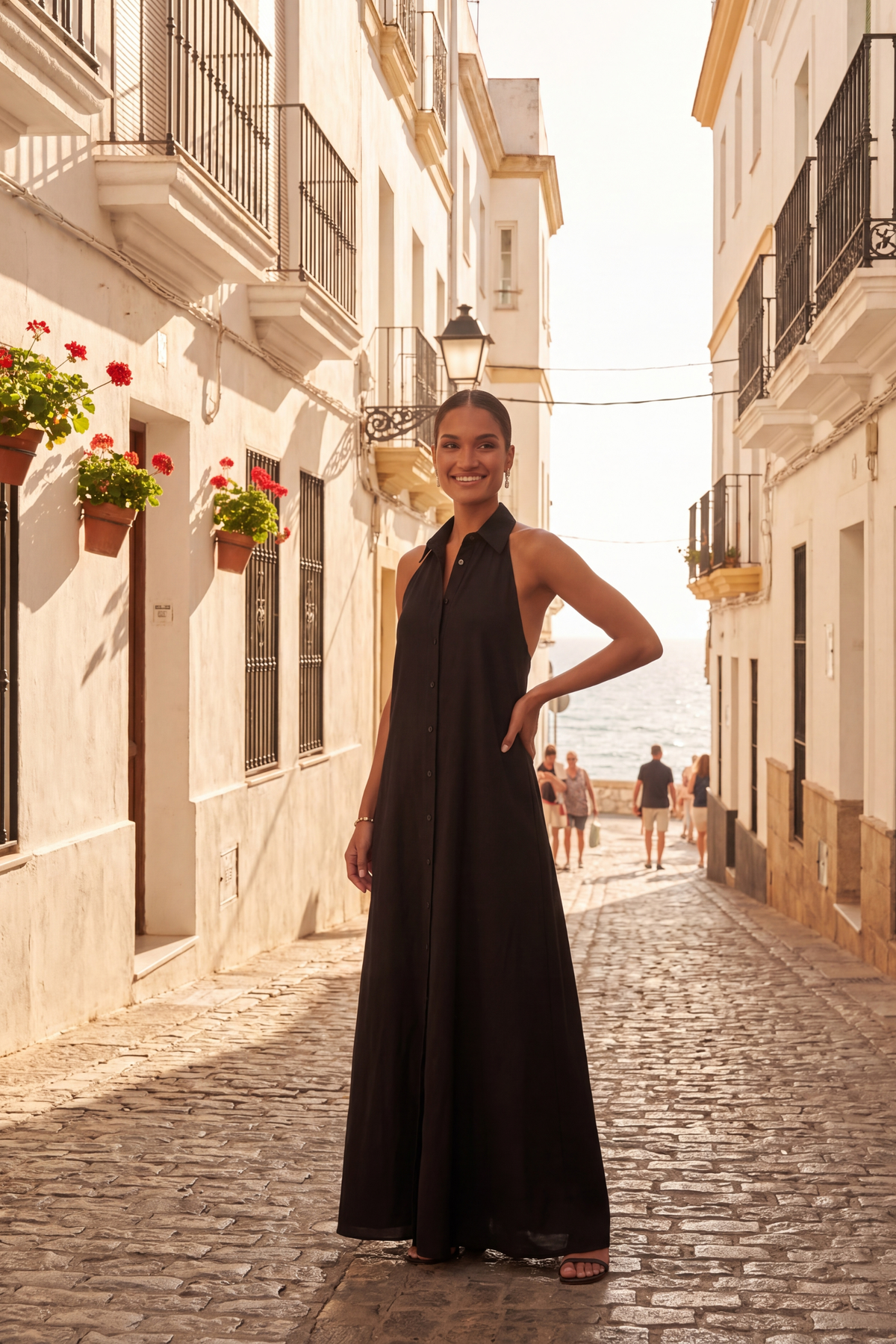 Vestido Noir Halter Boutonné